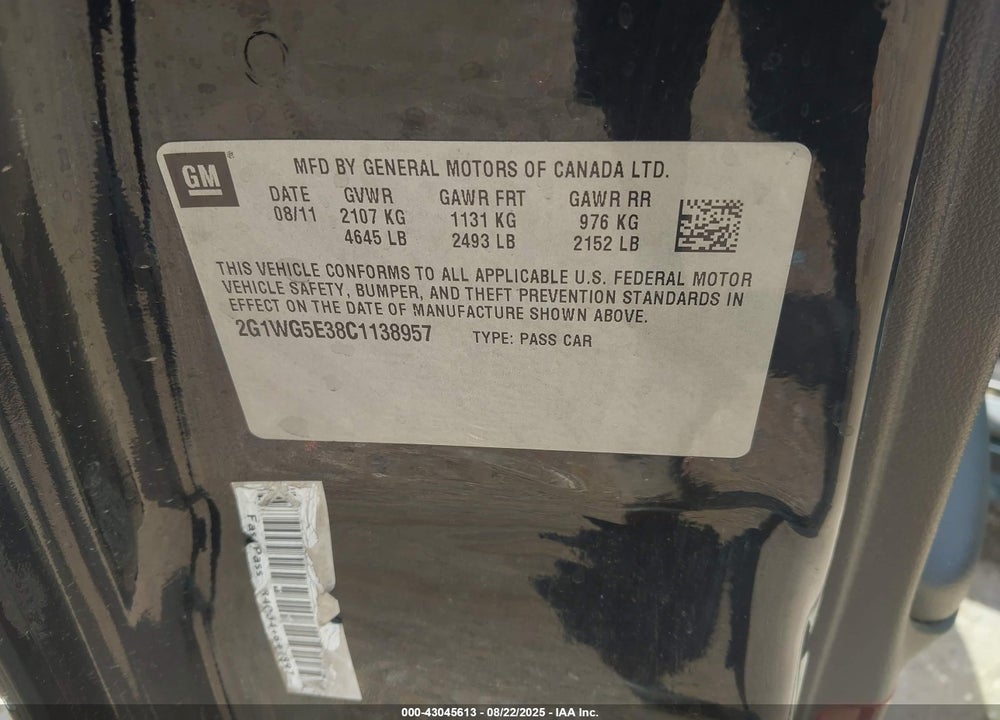 2012 CHEVROLET IMPALA VIN: 2G1WG5E38C1138957