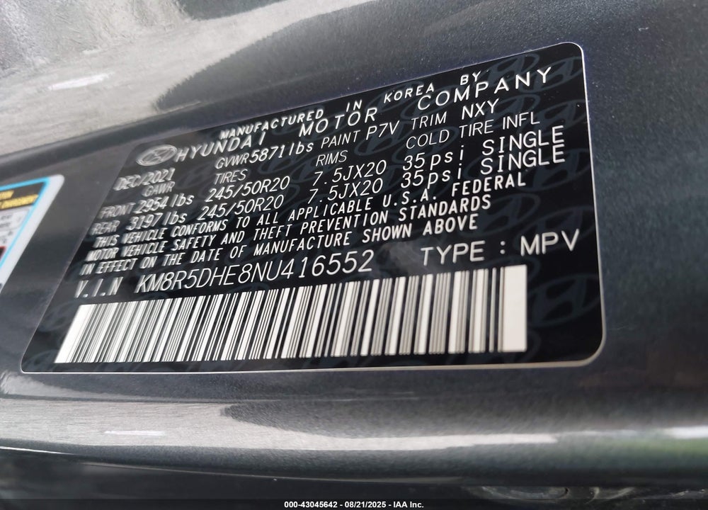 2022 HYUNDAI PALISADE VIN: KM8R5DHE8NU416552