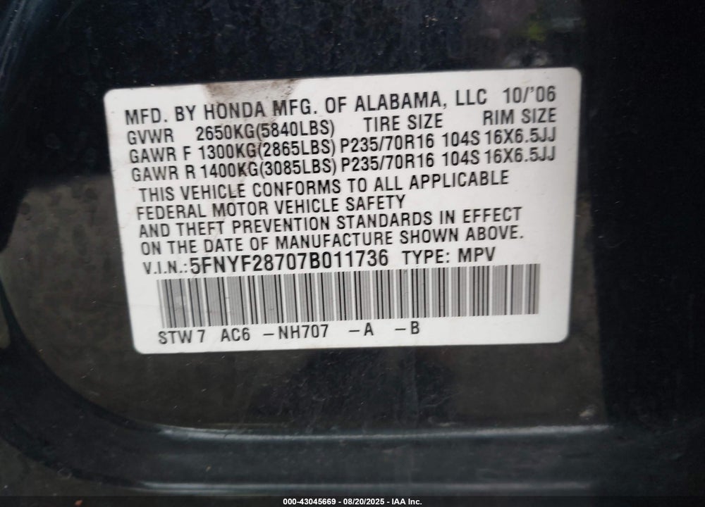 2007 HONDA PILOT EX-L VIN: 5FNYF28707B011736