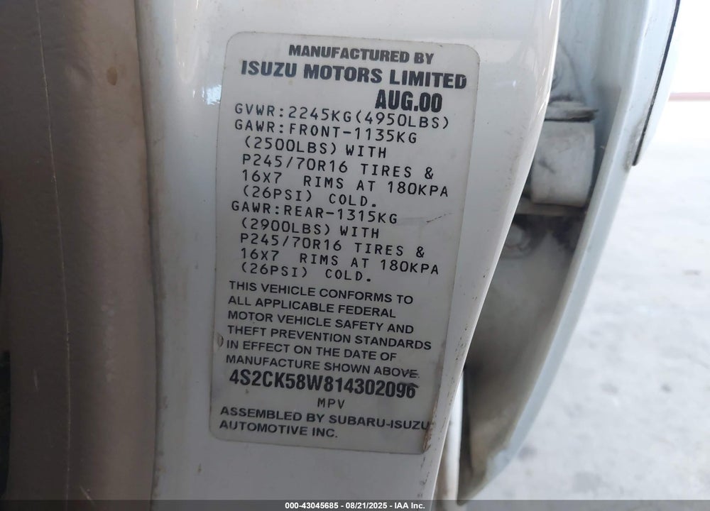 2001 ISUZU RODEO LS 3.2L V6/LSE 3.2L V6/S 3.2L V6 VIN: 4S2CK58W814302096
