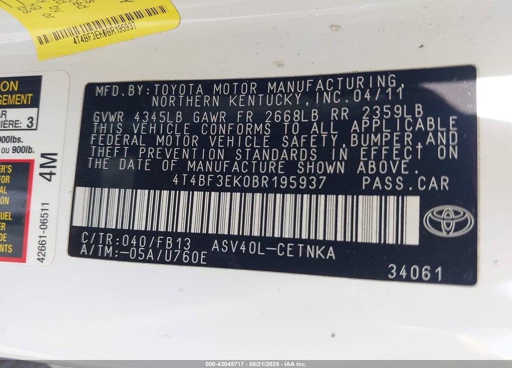 2011 TOYOTA CAMRY LE VIN: 4T4BF3EK0BR195937