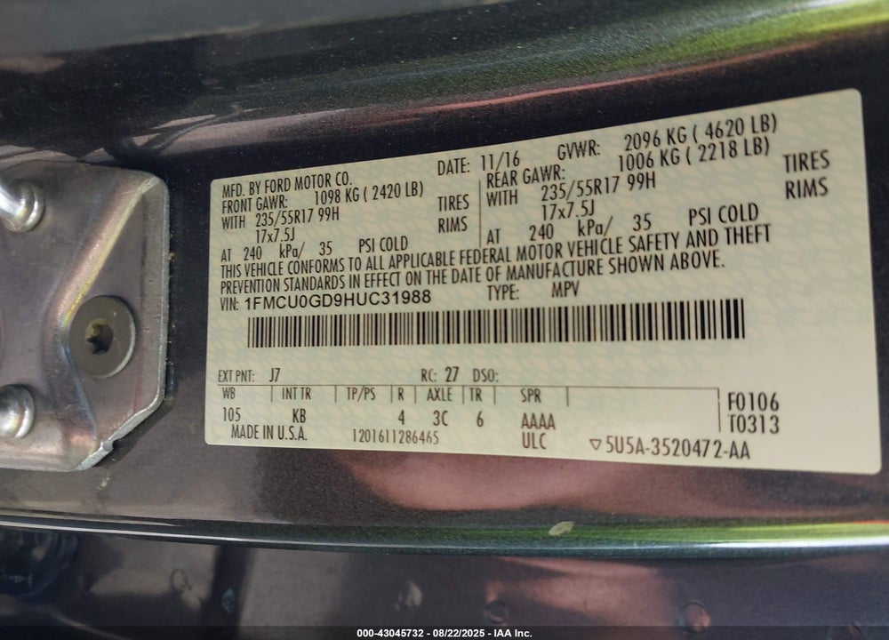 2017 FORD ESCAPE VIN: 1FMCU0GD9HUC31988