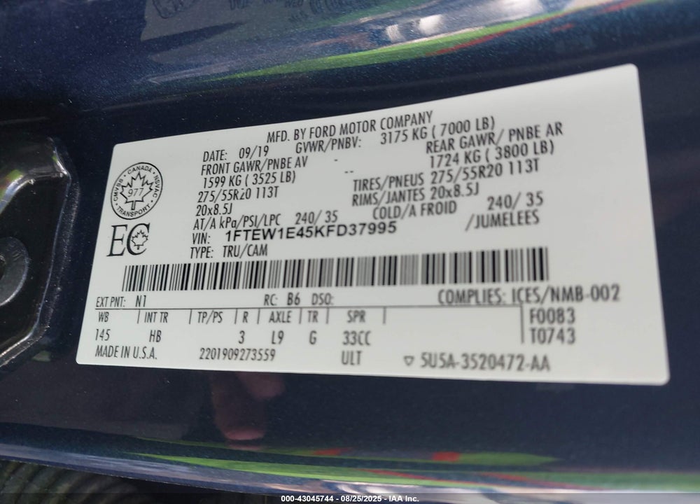 2019 FORD F-150 VIN: 1FTEW1E45KFD37995