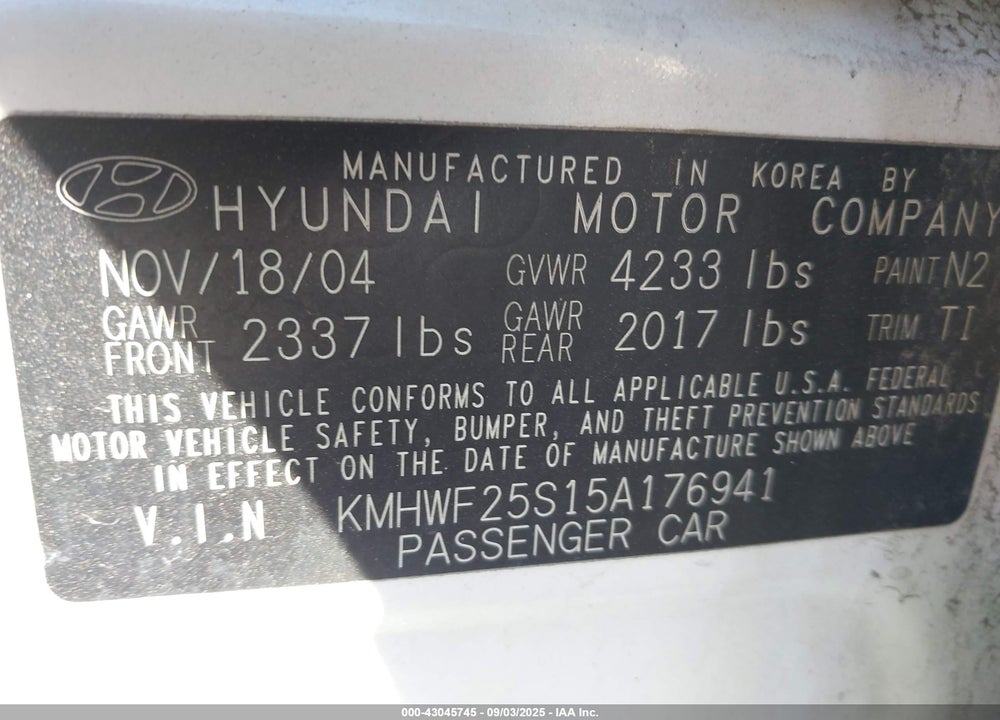 2005 HYUNDAI SONATA GL VIN: KMHWF25S15A176941