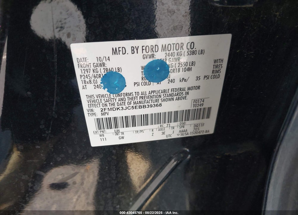 2014 FORD EDGE VIN: 2FMDK3JC5EBB39368