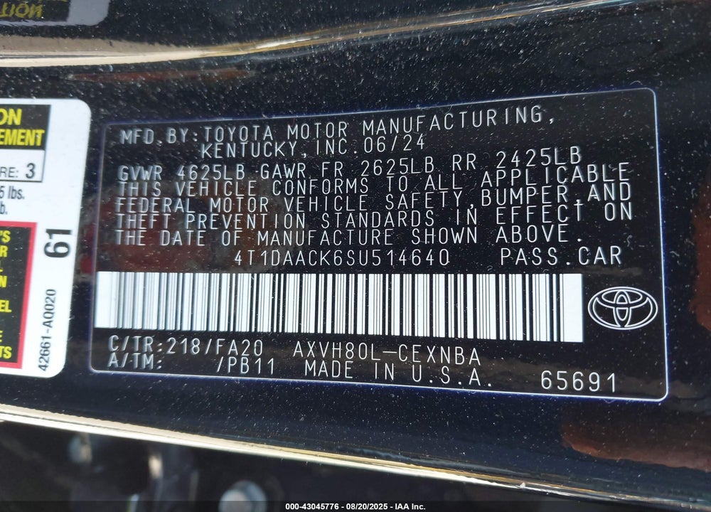 2025 TOYOTA CAMRY LE VIN: 4T1DAACK6SU514640