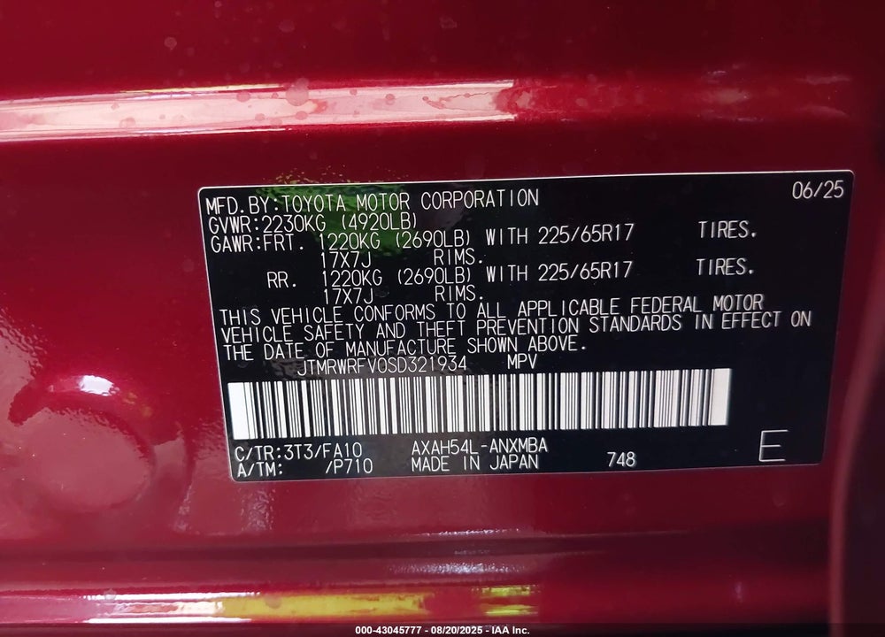 2025 TOYOTA RAV4 HYBRID VIN: JTMRWRFV0SD321934