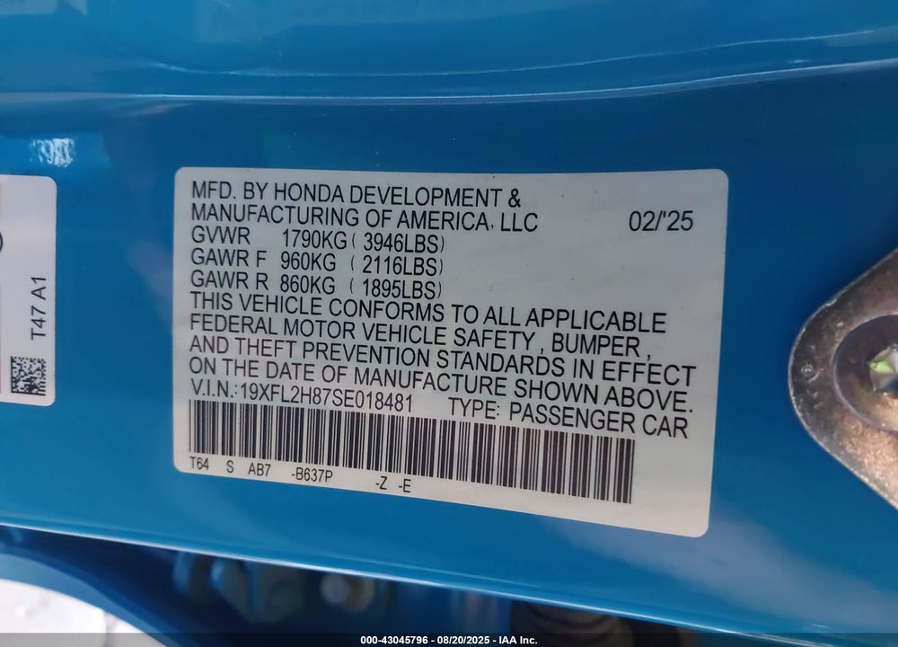 2025 HONDA CIVIC SPORT VIN: 19XFL2H87SE018481