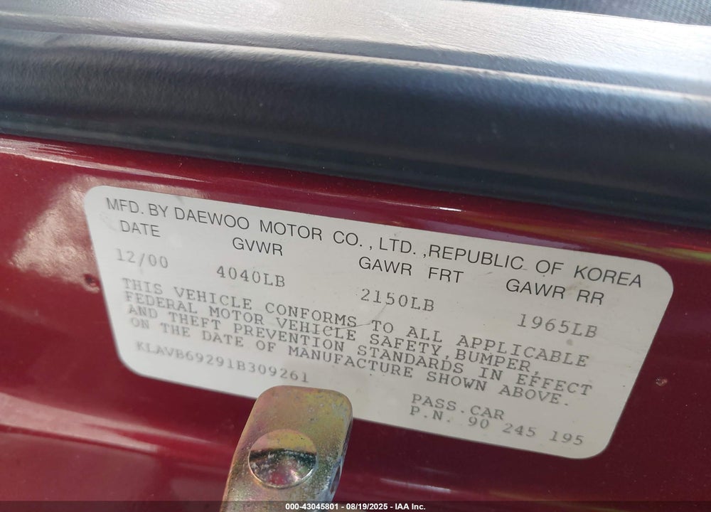 2001 DAEWOO LEGANZA SE VIN: KLAVB69291B309261