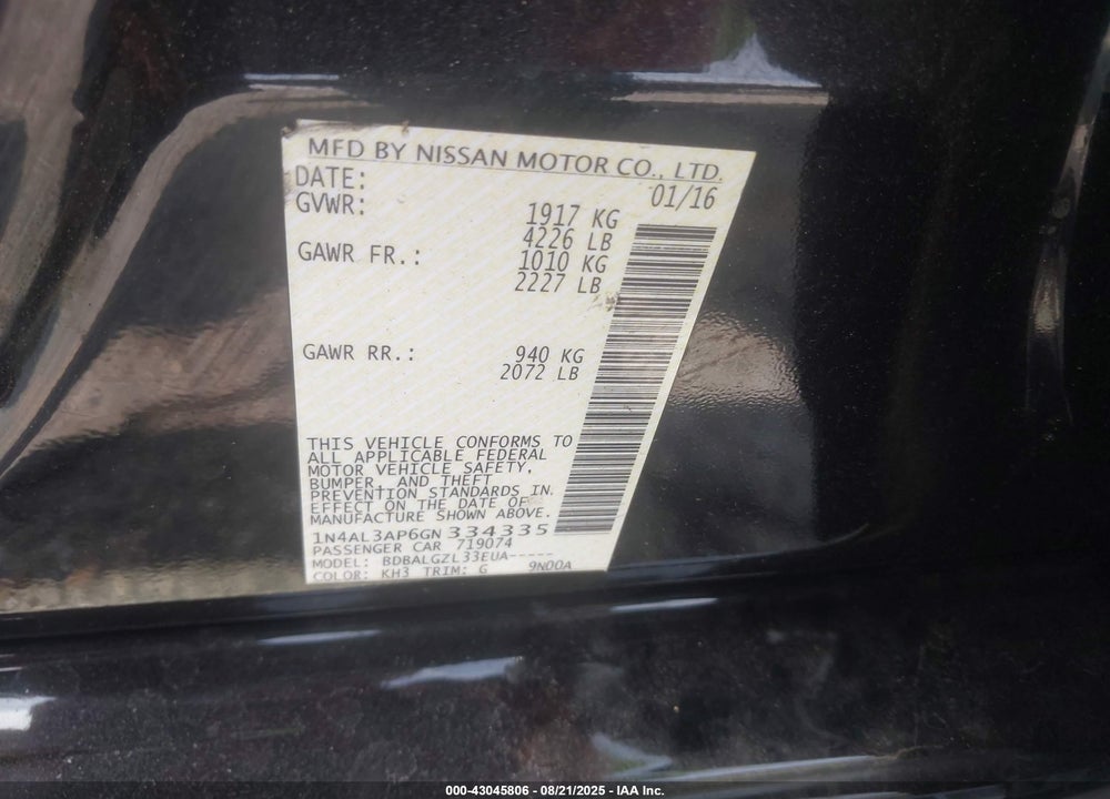 2016 NISSAN ALTIMA VIN: 1N4AL3AP6GN334335