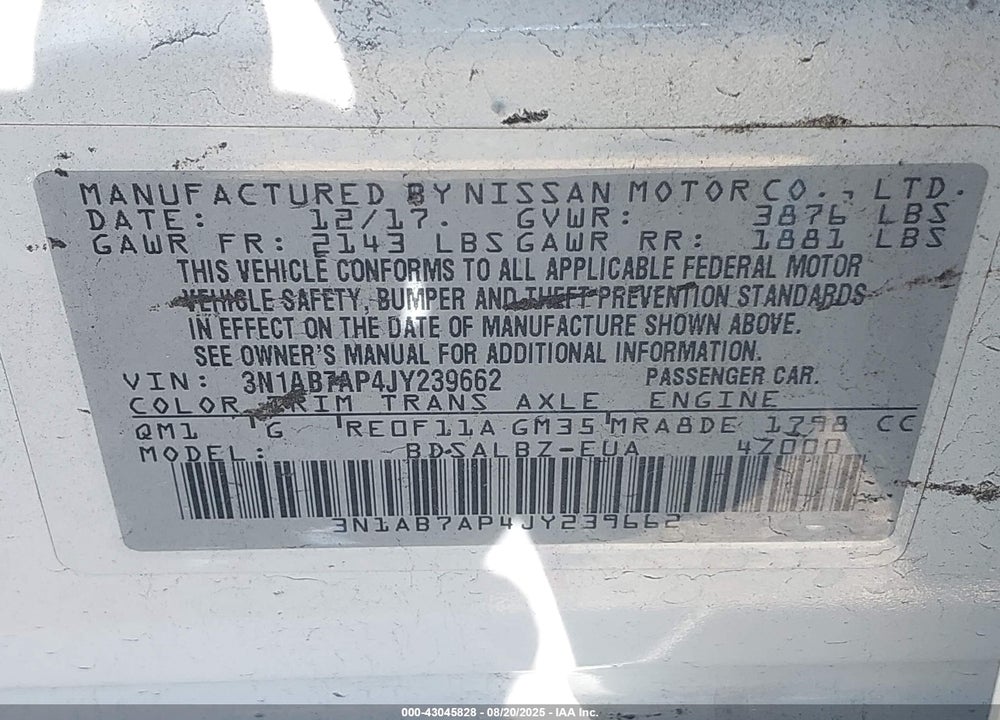 2018 NISSAN SENTRA S VIN: 3N1AB7AP4JY239662