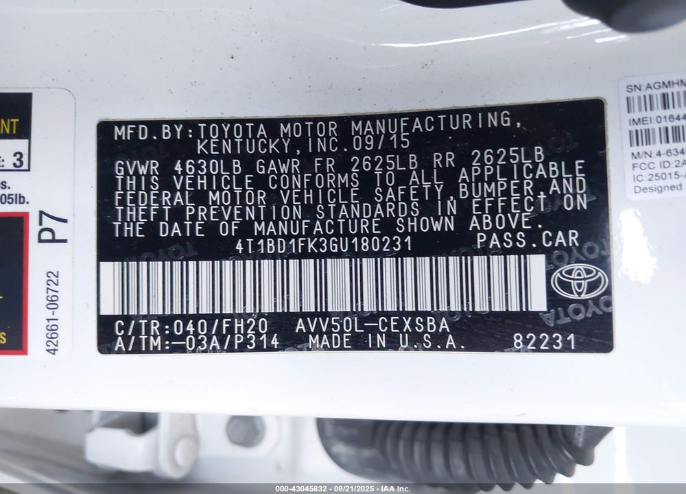 2016 TOYOTA CAMRY HYBRID VIN: 4T1BD1FK3GU180231