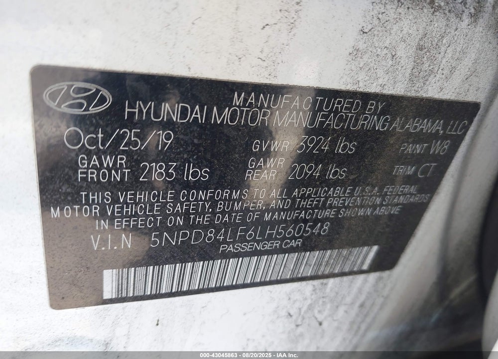 2020 HYUNDAI ELANTRA VIN: 5NPD84LF6LH560548