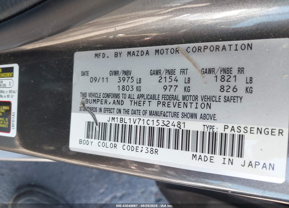 2012 MAZDA 3 VIN: JM1BL1V71C1532481