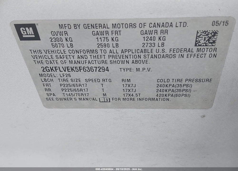 2015 GMC TERRAIN SLE-1 VIN: 2GKFLVEK5F6367294