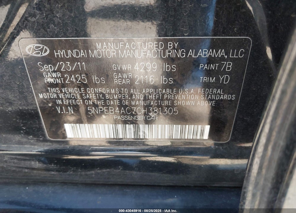 2012 HYUNDAI SONATA VIN: 5NPEB4AC7CH381305