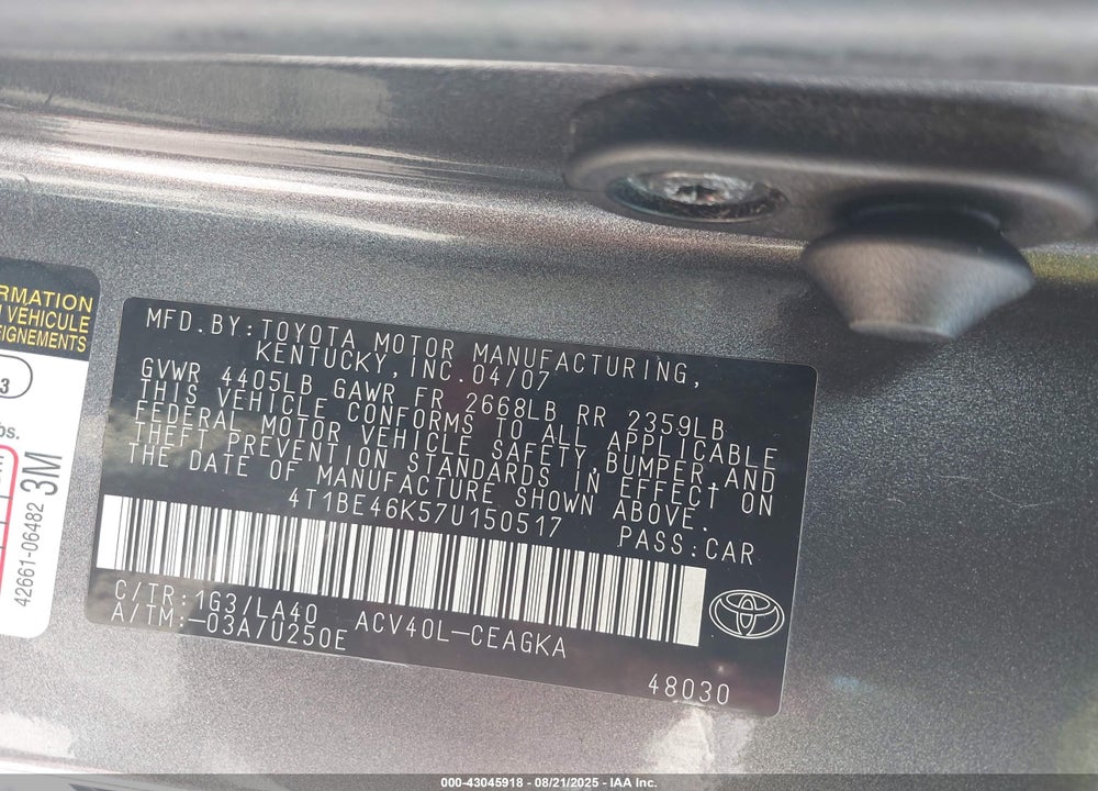 2007 TOYOTA CAMRY XLE VIN: 4T1BE46K57U150517