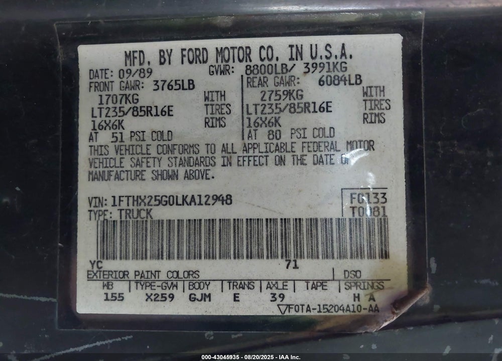 1990 FORD F250 VIN: 1FTHX25G0LKA12948