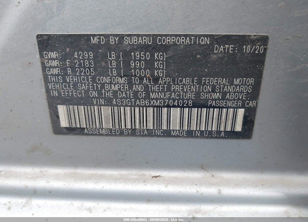 2021 SUBARU IMPREZA VIN: 4S3GTAB6XM3704028