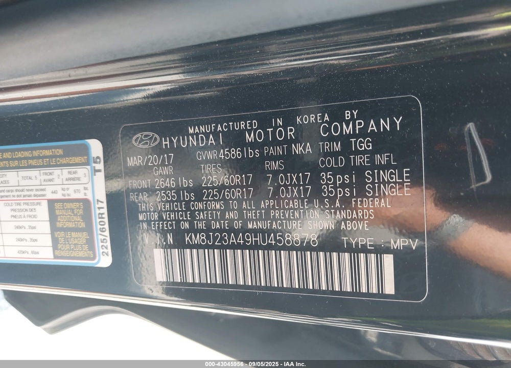 2017 HYUNDAI TUCSON VIN: KM8J23A49HU458878