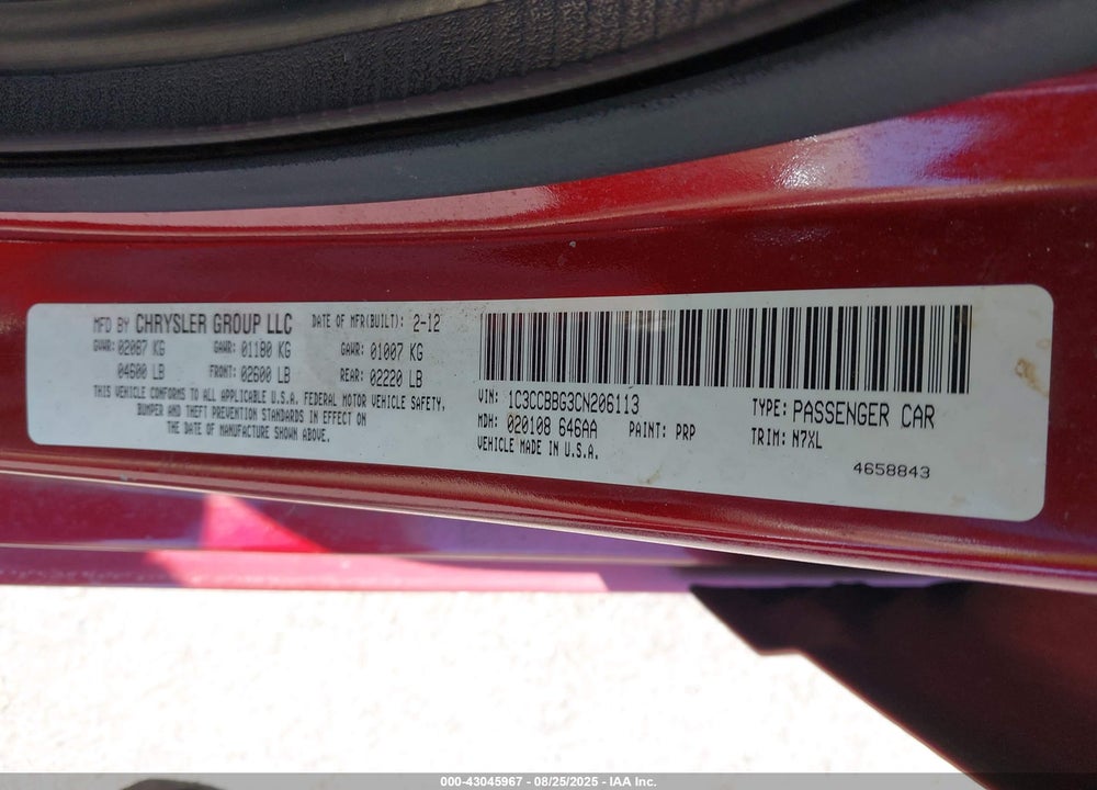 2012 CHRYSLER 200 VIN: 1C3CCBBG3CN206113