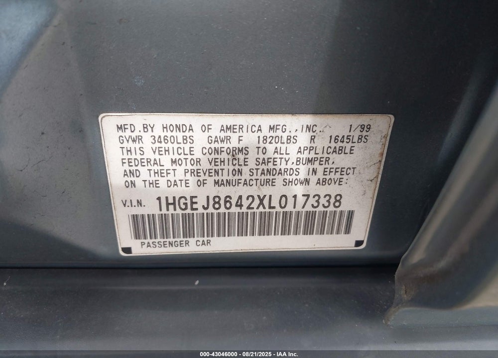1999 HONDA CIVIC EX VIN: 1HGEJ8642XL017338