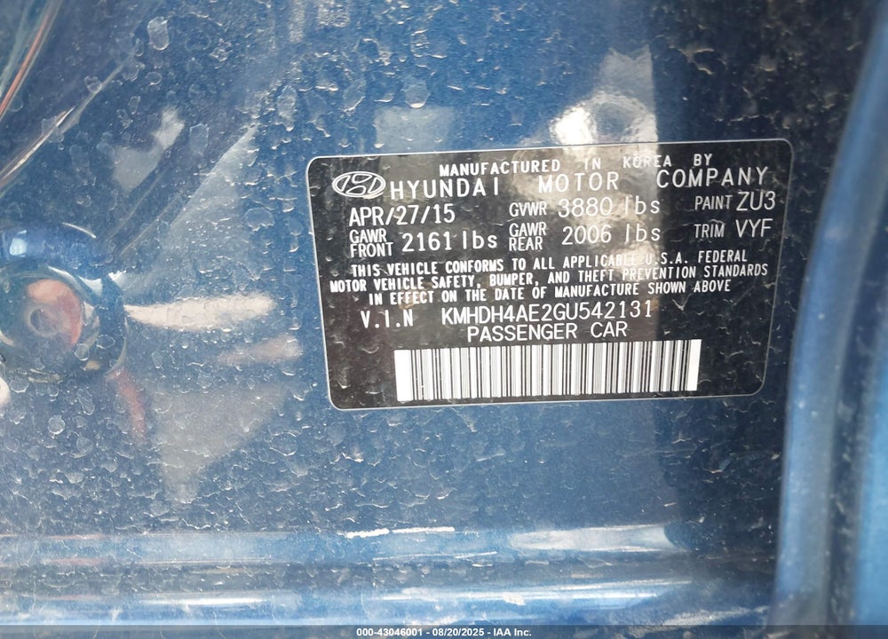 2016 HYUNDAI ELANTRA SE VIN: KMHDH4AE2GU542131