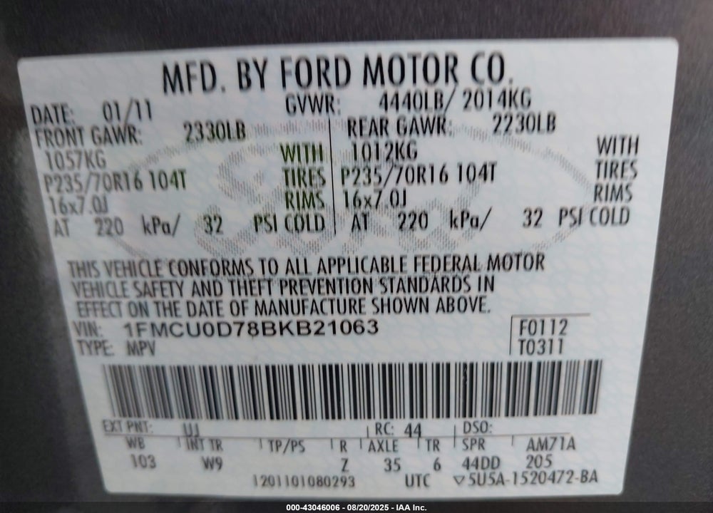 2011 FORD ESCAPE VIN: 1FMCU0D78BKB21063