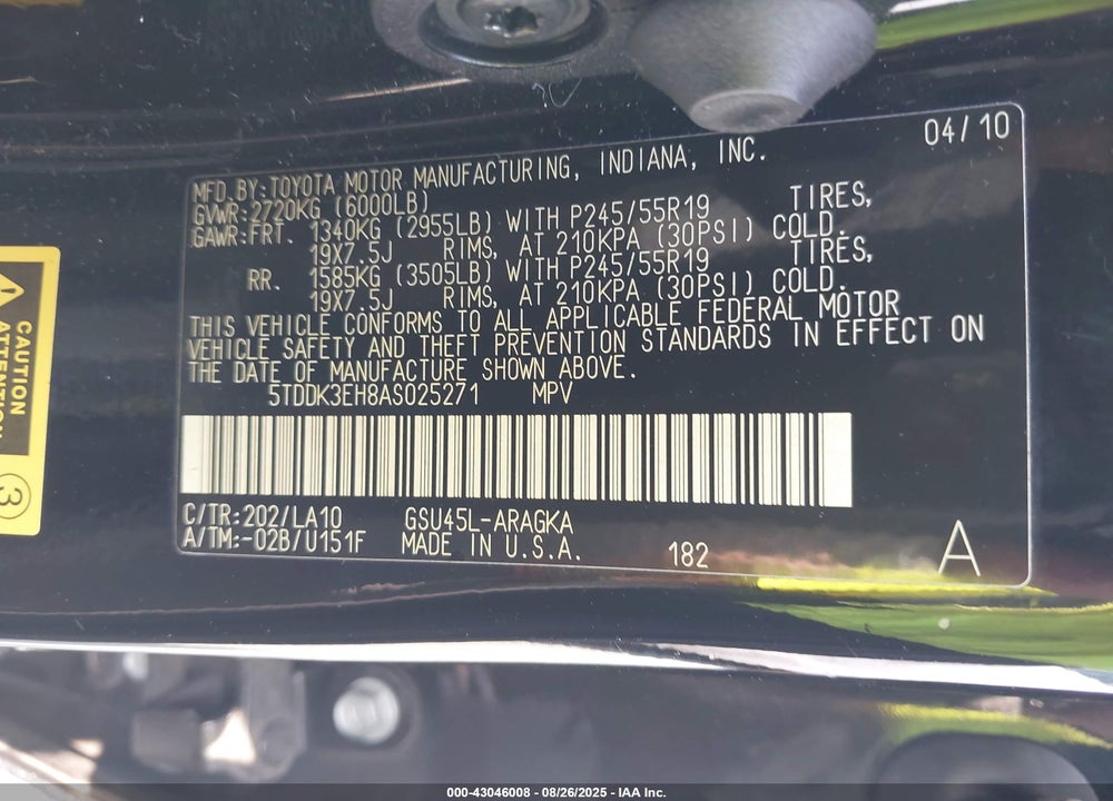 2010 TOYOTA HIGHLANDER VIN: 5TDDK3EH8AS025271