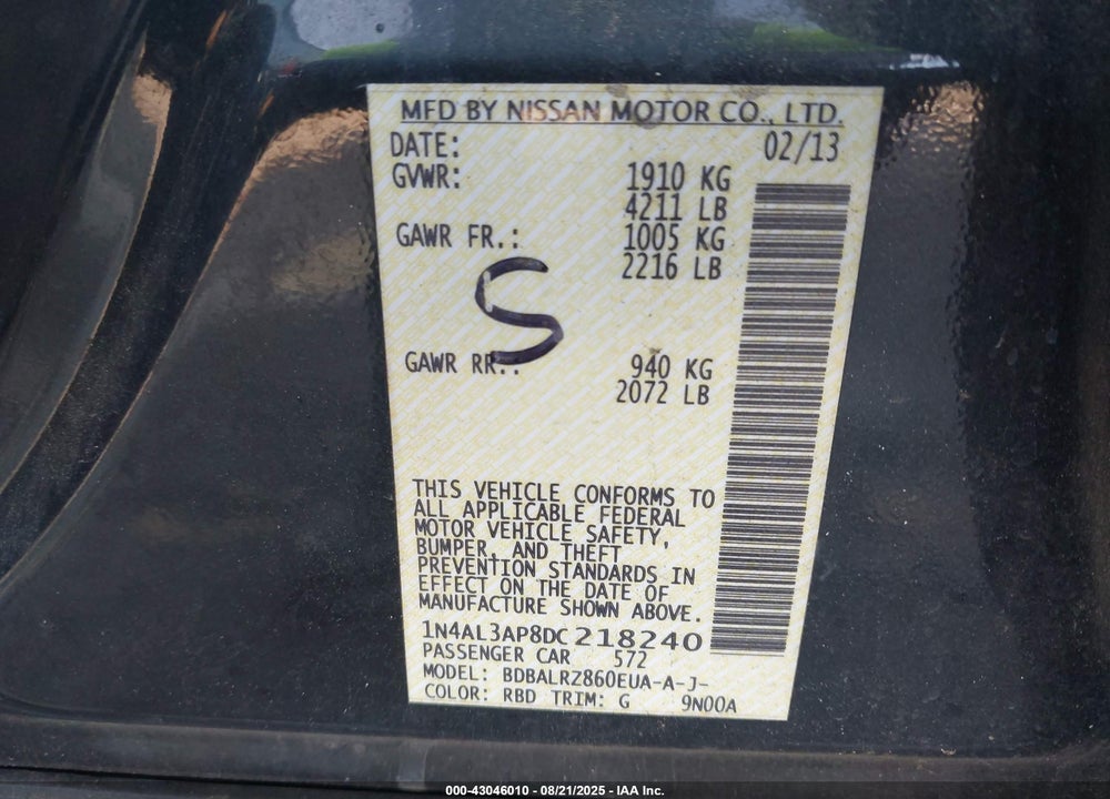 2013 NISSAN ALTIMA VIN: 1N4AL3AP8DC218240