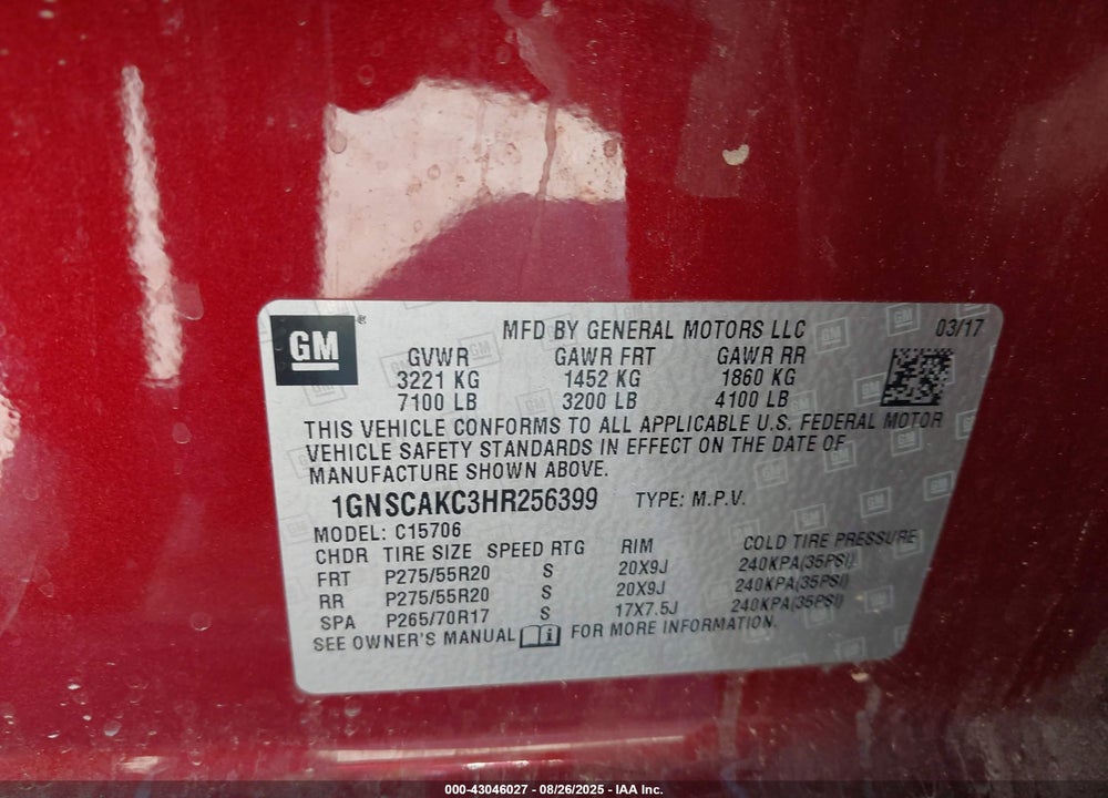 2017 CHEVROLET TAHOE VIN: 1GNSCAKC3HR256399