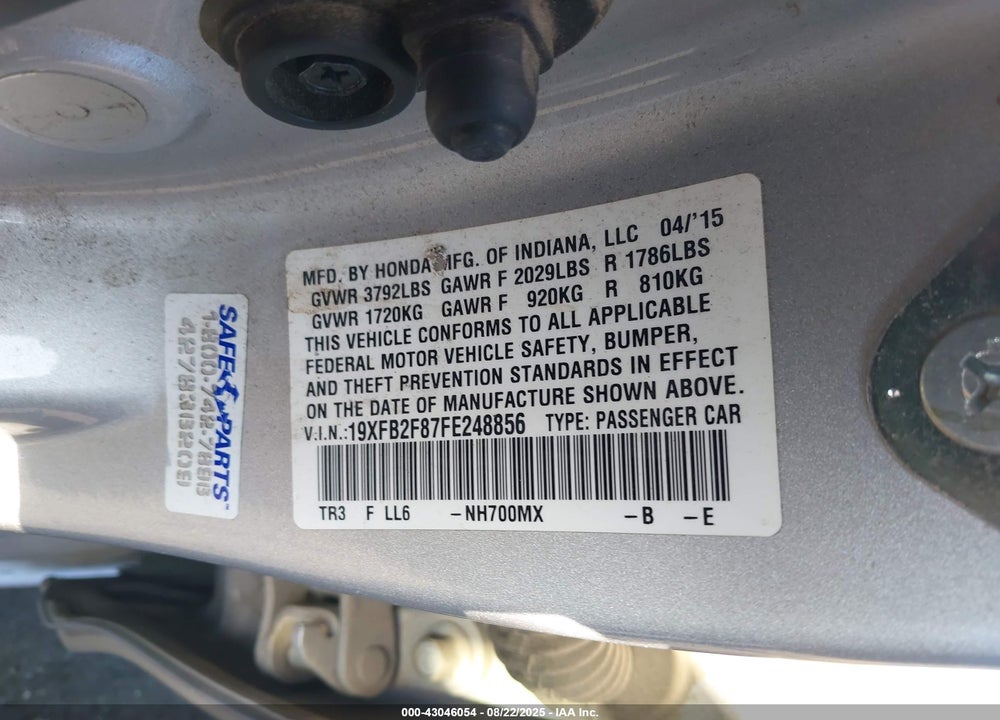2015 HONDA CIVIC VIN: 19XFB2F87FE248856