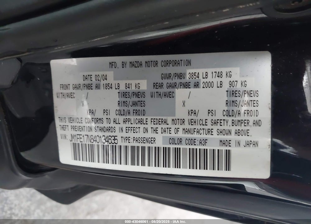 2004 MAZDA RX-8 SPORT AUTOMATIC VIN: JM1FE17N840134635