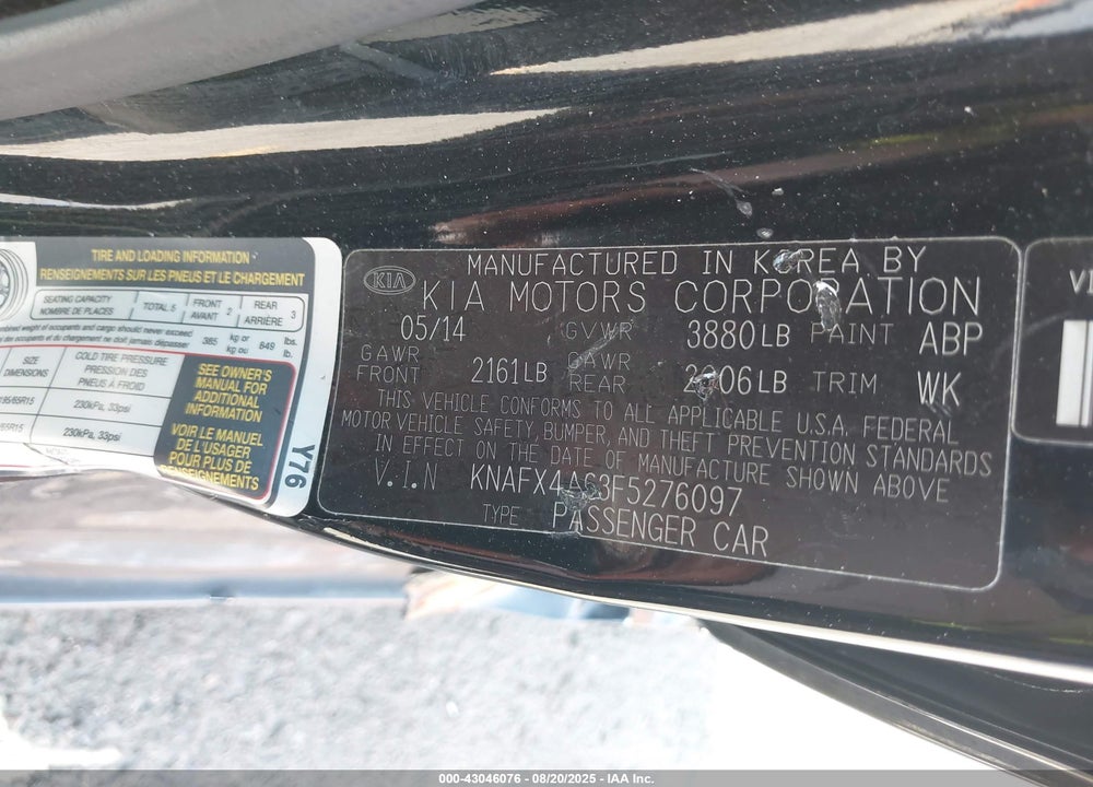2015 KIA FORTE VIN: KNAFX4A63F5276097