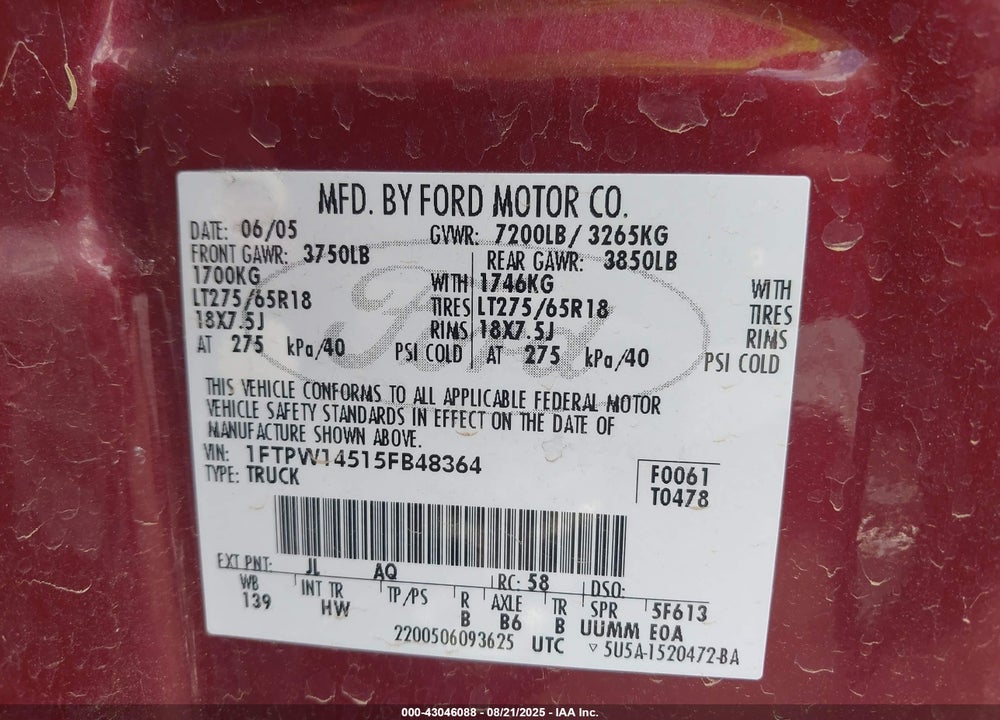 2005 FORD F-150 FX4/LARIAT/XLT VIN: 1FTPW14515FB48364