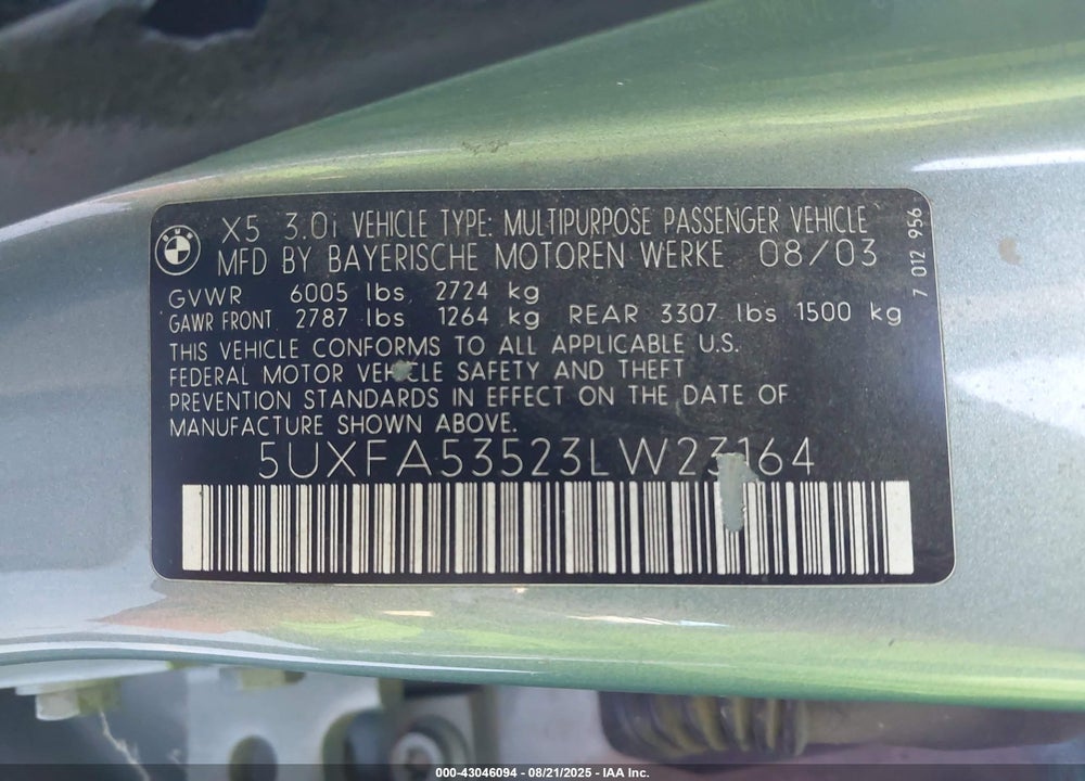 2003 BMW X5 3.0I VIN: 5UXFA53523LW23164