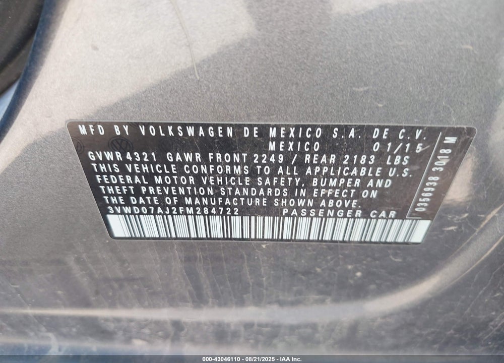 2015 VOLKSWAGEN JETTA 1.8T SE VIN: 3VWD07AJ2FM284722