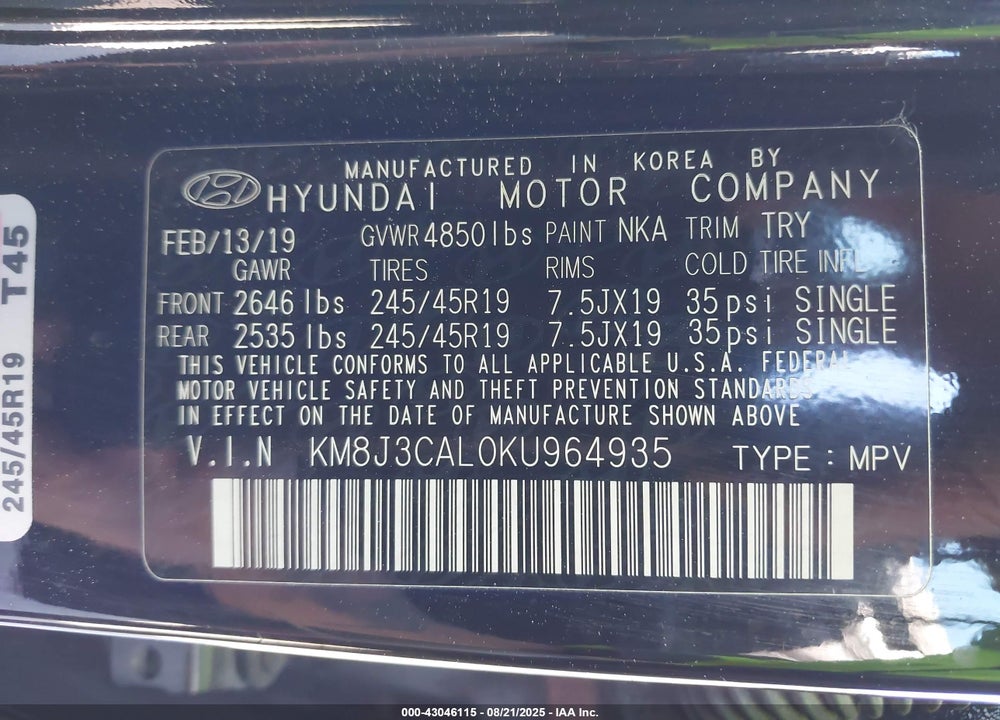 2019 HYUNDAI TUCSON VIN: KM8J3CAL0KU964935