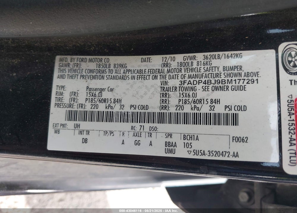 2011 FORD FIESTA VIN: 3FADP4BJ9BM177291