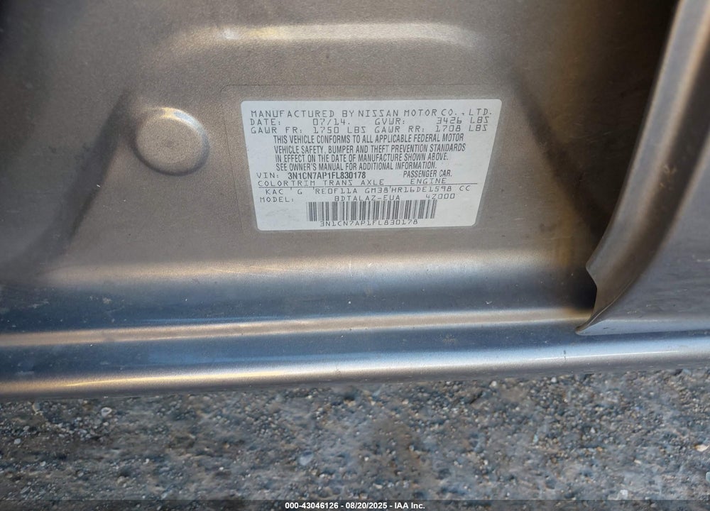 2015 NISSAN VERSA VIN: 3N1CN7AP1FL830178