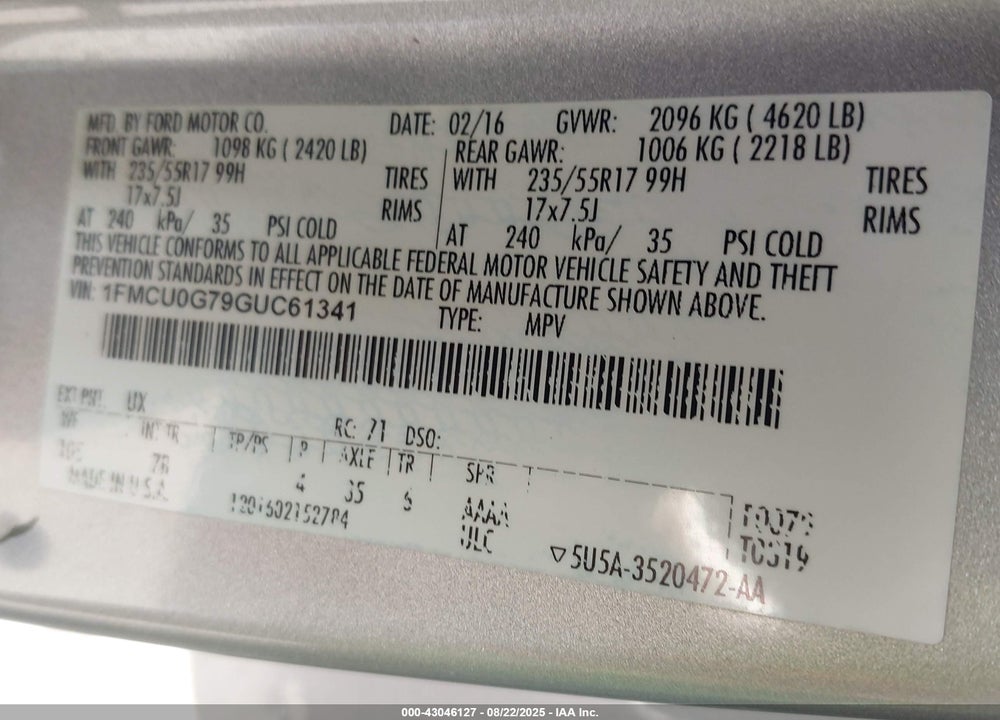 2016 FORD ESCAPE VIN: 1FMCU0G79GUC61341