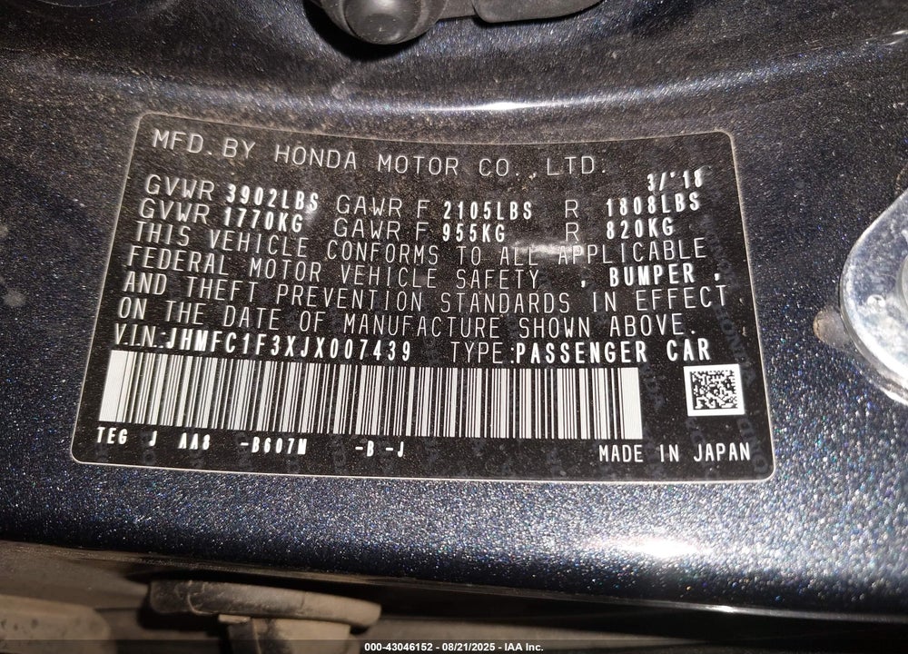 2018 HONDA CIVIC VIN: JHMFC1F3XJX007439