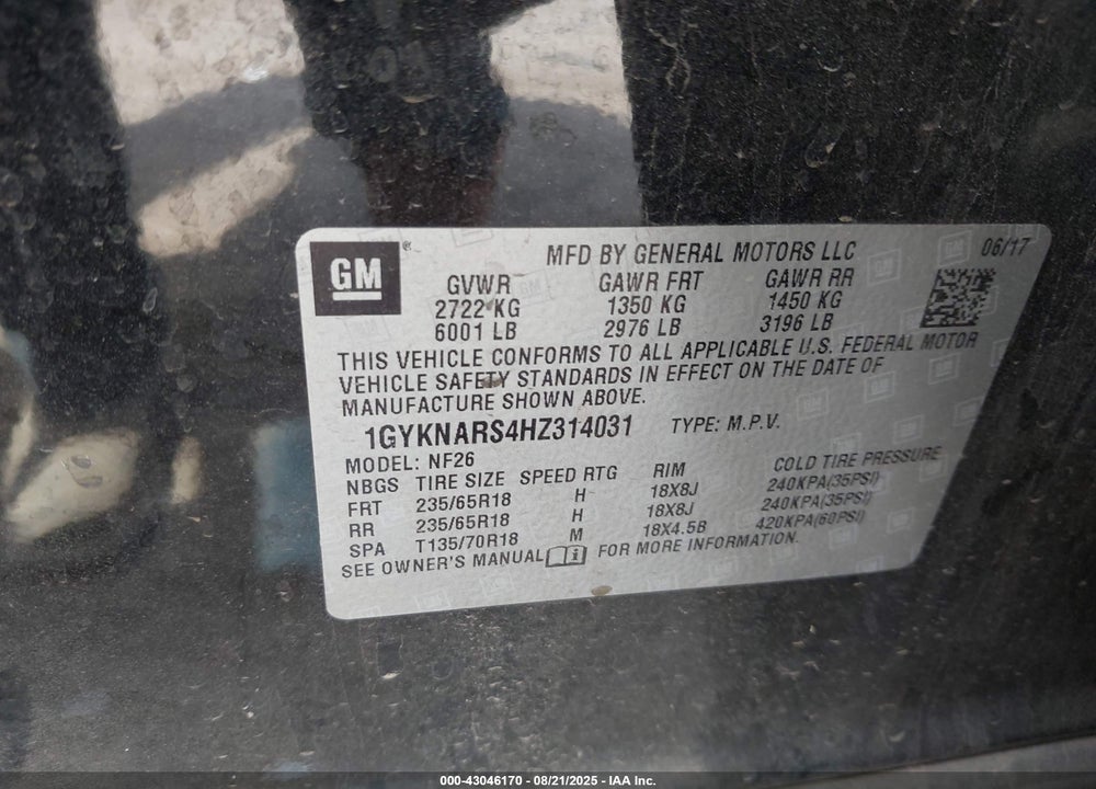 2017 CADILLAC XT5 STANDARD VIN: 1GYKNARS4HZ314031