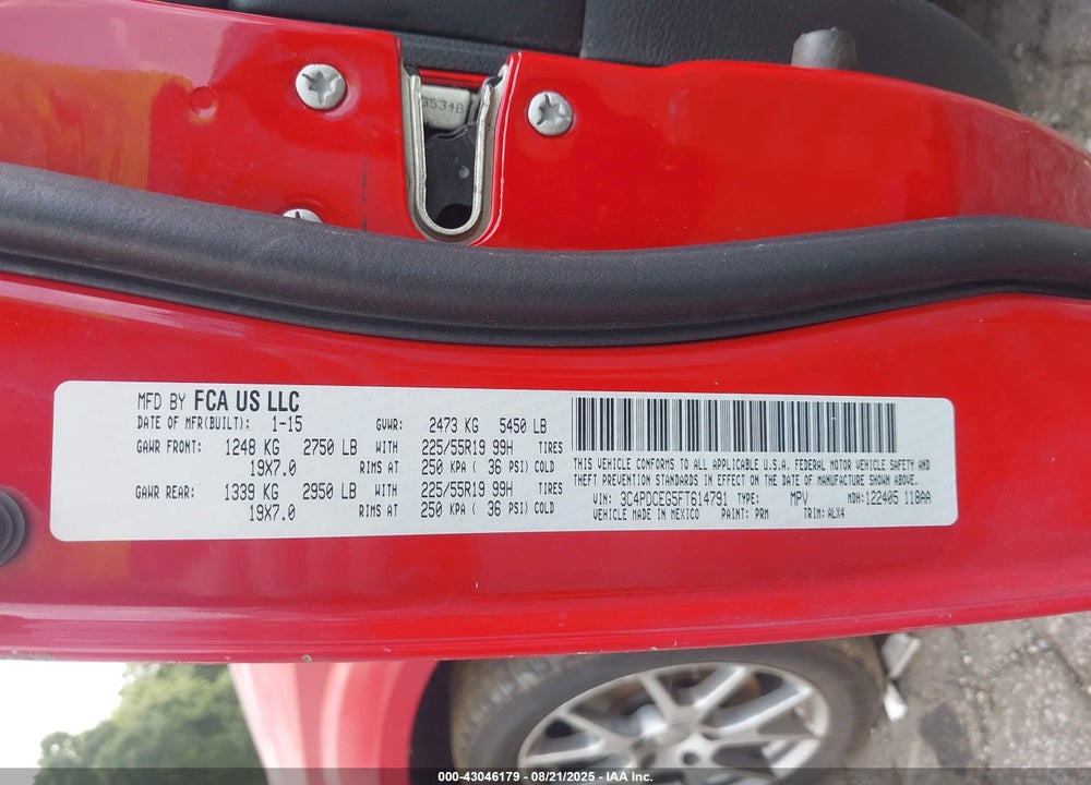 2015 DODGE JOURNEY VIN: 3C4PDCEG5FT614791