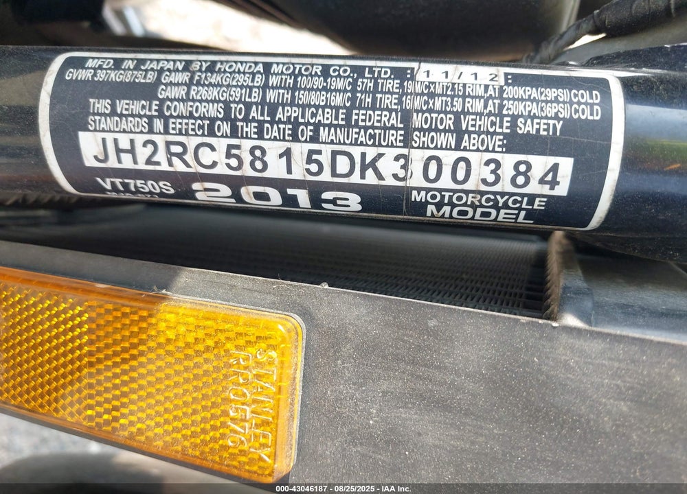 2013 HONDA VT750 S VIN: JH2RC5815DK300384