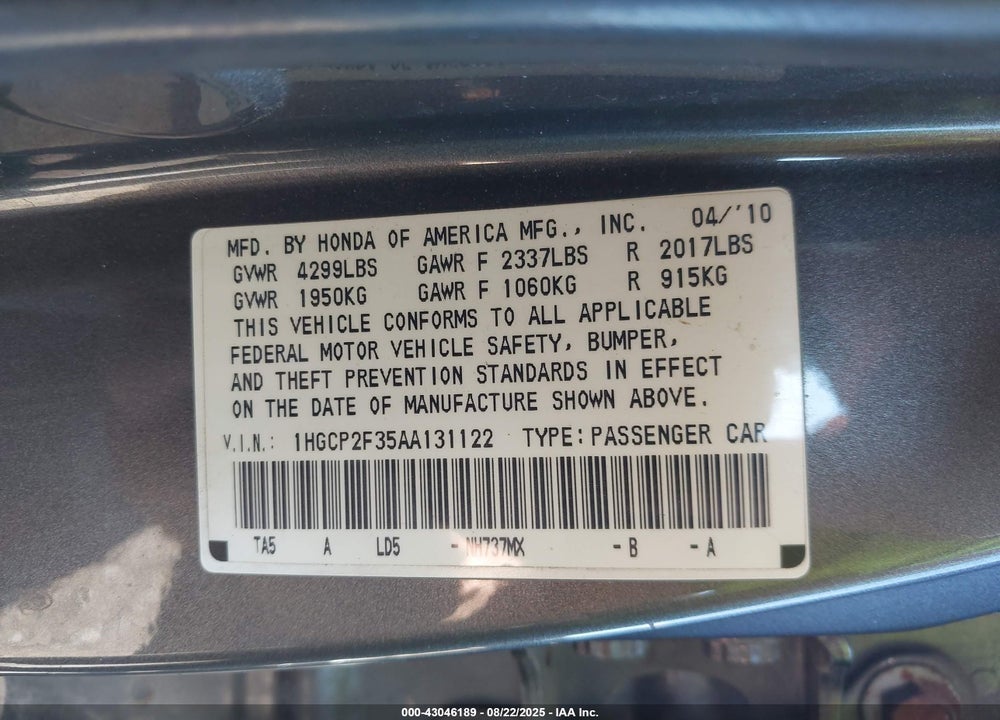 2010 HONDA ACCORD VIN: 1HGCP2F35AA131122
