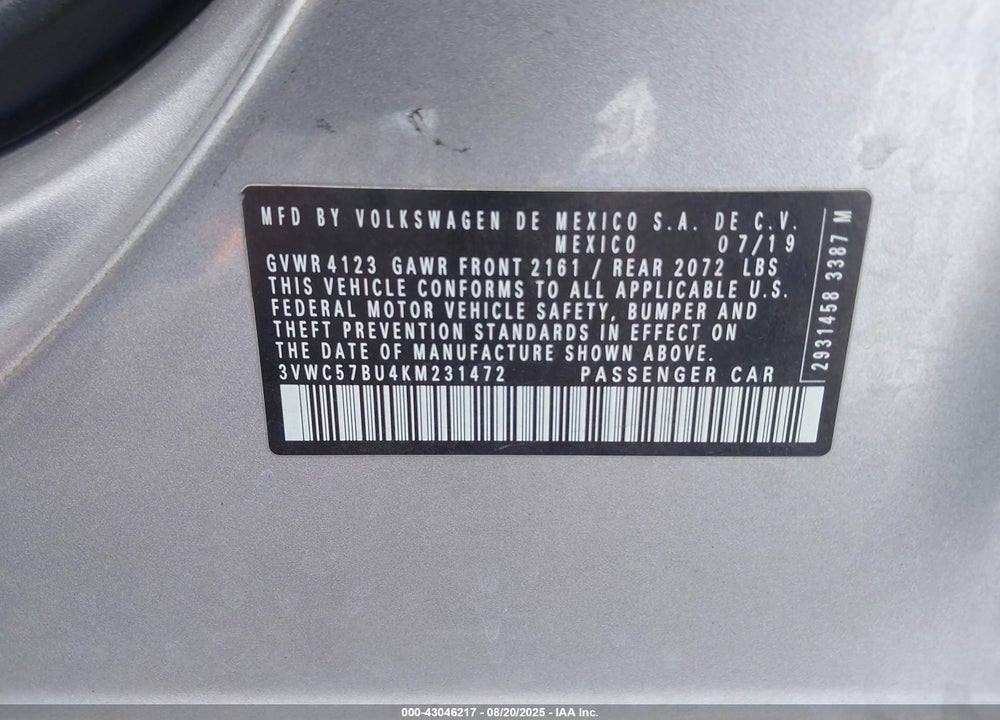 2019 VOLKSWAGEN JETTA VIN: 3VWC57BU4KM231472