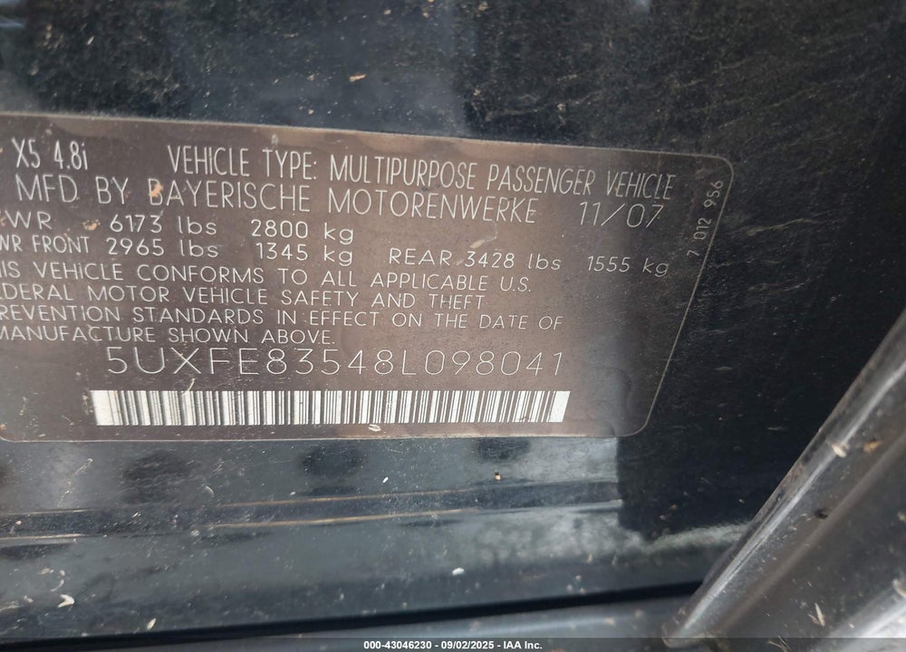 2008 BMW X5 VIN: 5UXFE83548L098041