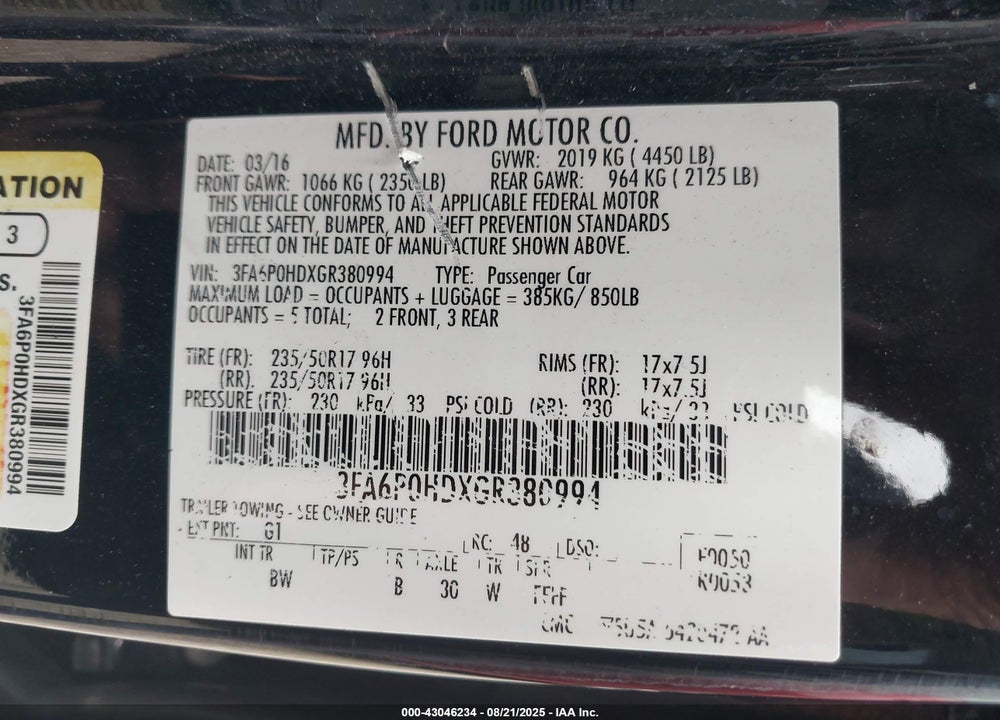 2016 FORD FUSION SE VIN: 3FA6P0HDXGR380994