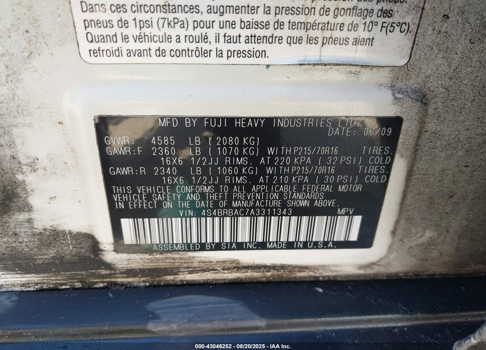 2010 SUBARU OUTBACK 2.5I VIN: 4S4BRBAC7A3311343